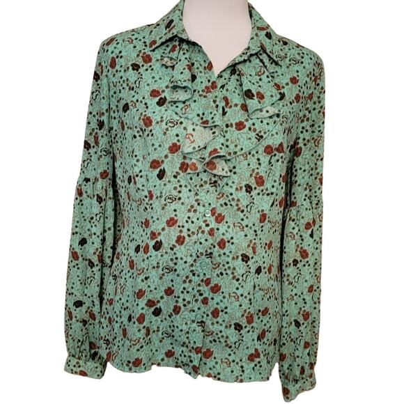 Free People Floral Ruffle Button Up Long Balloon Sleeve Peasant Poet‎ Blouse - S - Picture 1 of 8